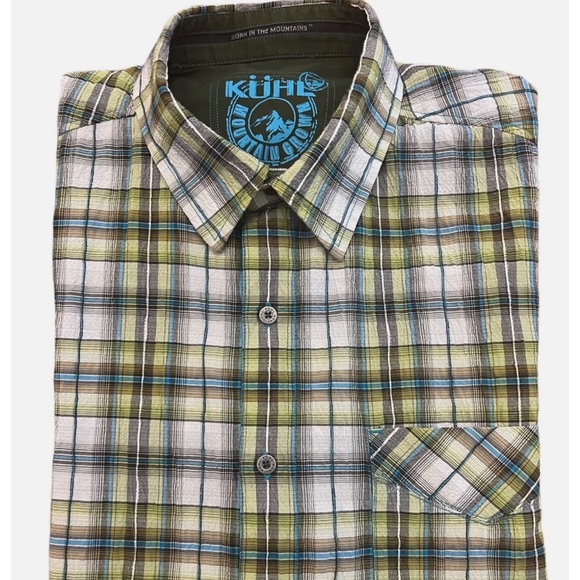 Kuhl Shirts Kuhl Mens Green Plaid Seersucker Button Down Short